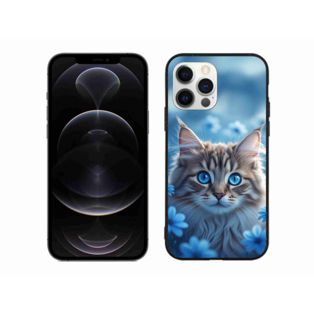 Gélový kryt mmCase na iPhone 12 Pro Max - mačiatko v modrých kvetoch