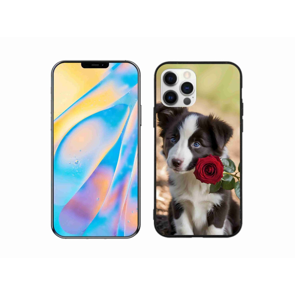 Gélový kryt mmCase na iPhone 12 - roztomilá border kólia s ružou