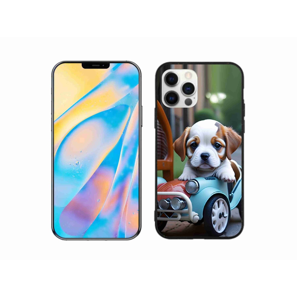 Gélový kryt mmCase na iPhone 12 - šteňa v retro aute