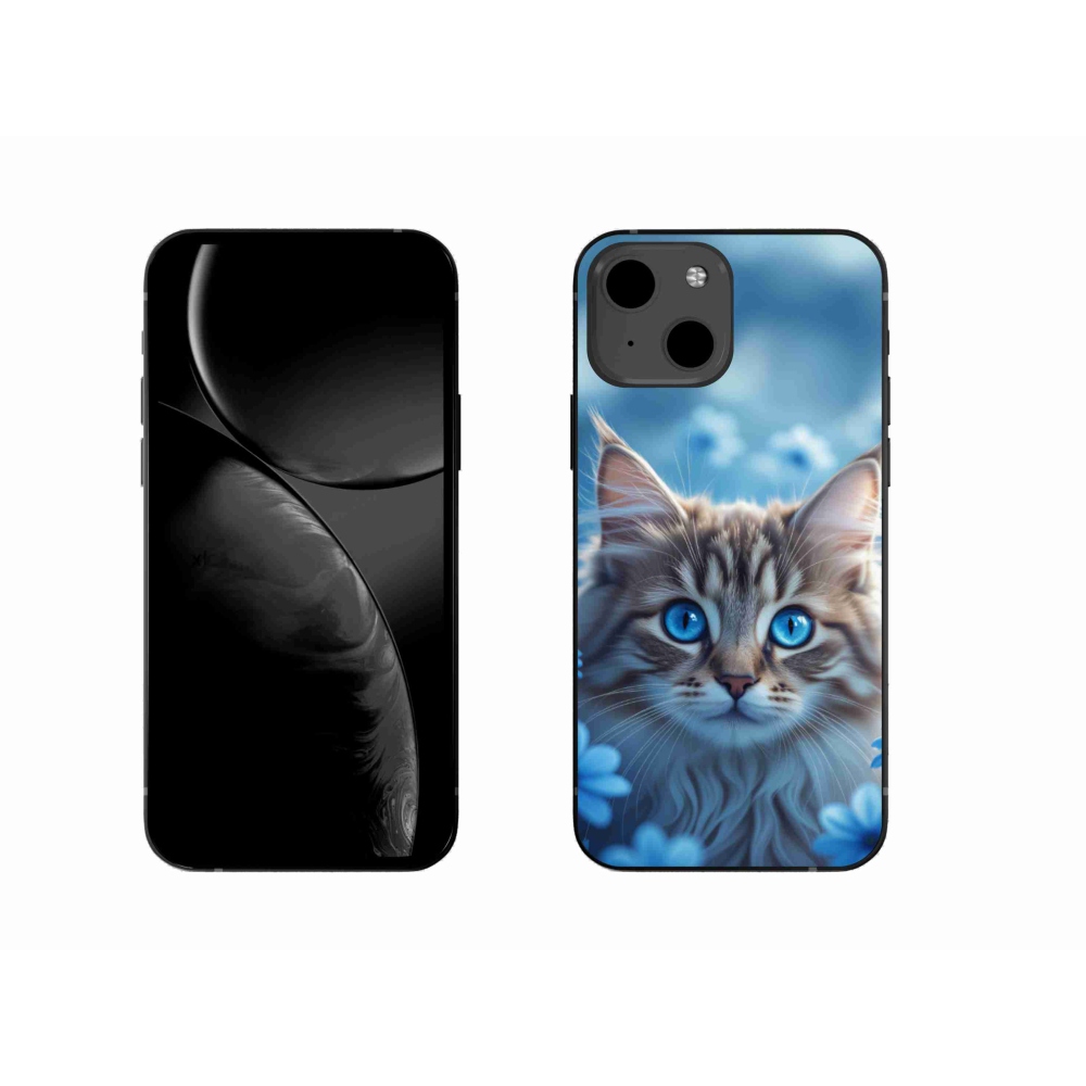 Gélový kryt mmCase na iPhone 13 - mačiatko v modrých kvetoch