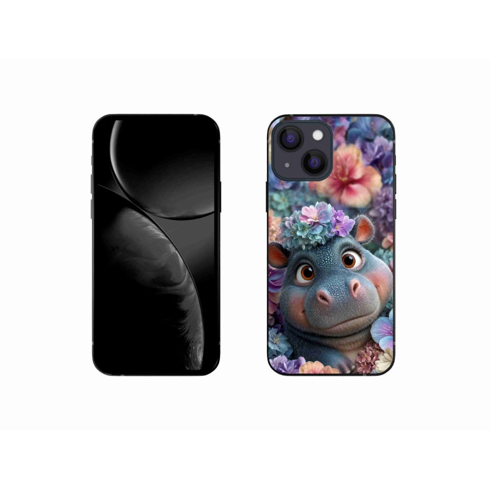 Gélový kryt mmCase na iPhone 13 Mini - hrošík v kvetoch