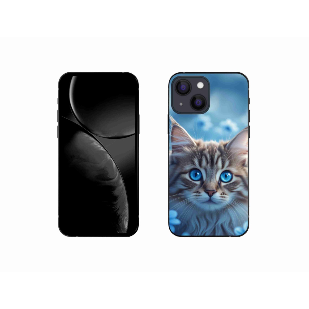 Gélový kryt mmCase na iPhone 13 Mini - mačiatko v modrých kvetoch