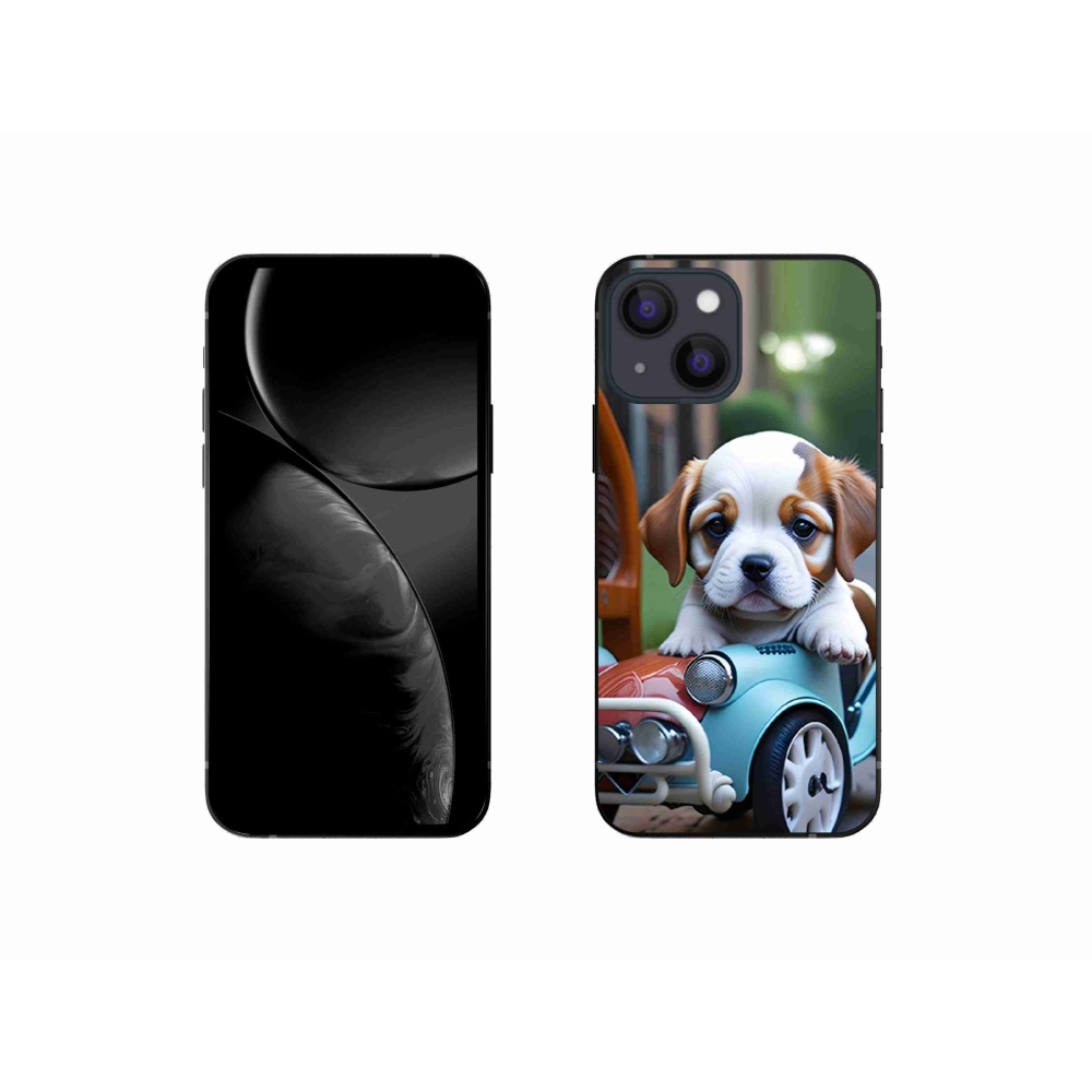 Gélový kryt mmCase na iPhone 13 Mini - šteňa v retro aute