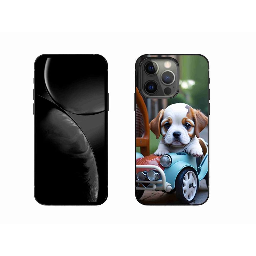 Gélový kryt mmCase na iPhone 13 Pro - šteňa v retro aute