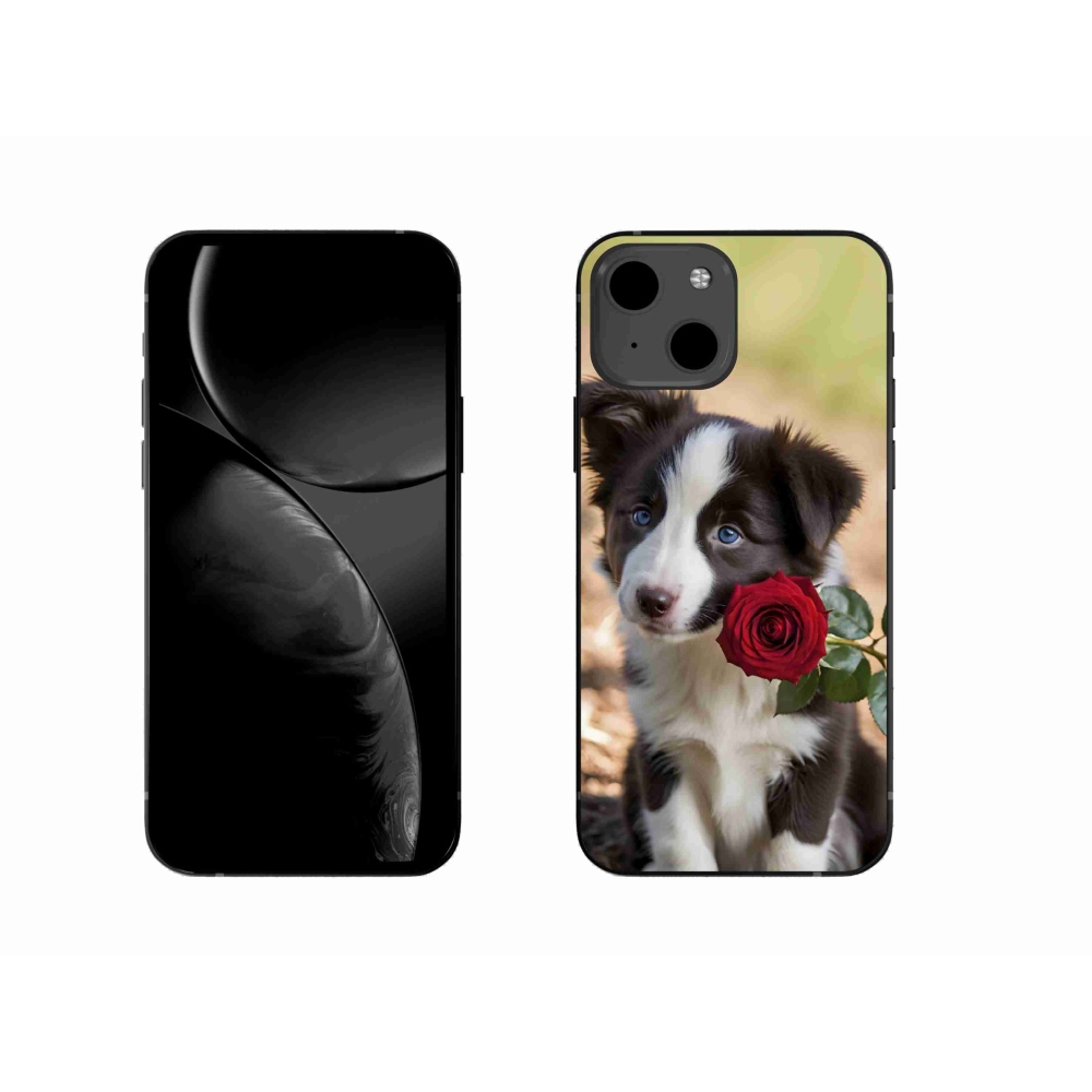 Gélový kryt mmCase na iPhone 13 - roztomilá border kólia s ružou