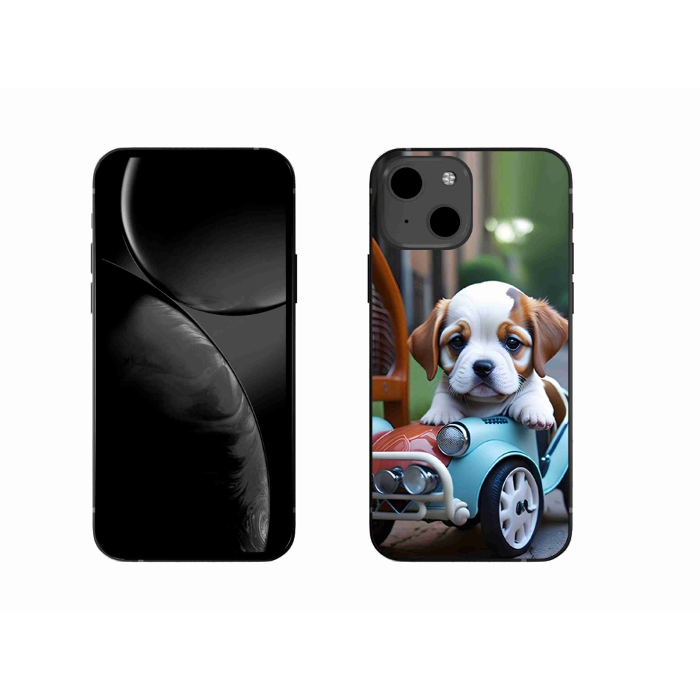 Gélový kryt mmCase na iPhone 13 - šteňa v retro aute