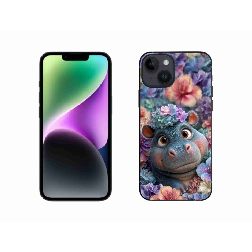 Gélový kryt mmCase na iPhone 14 - hrošík v kvetoch