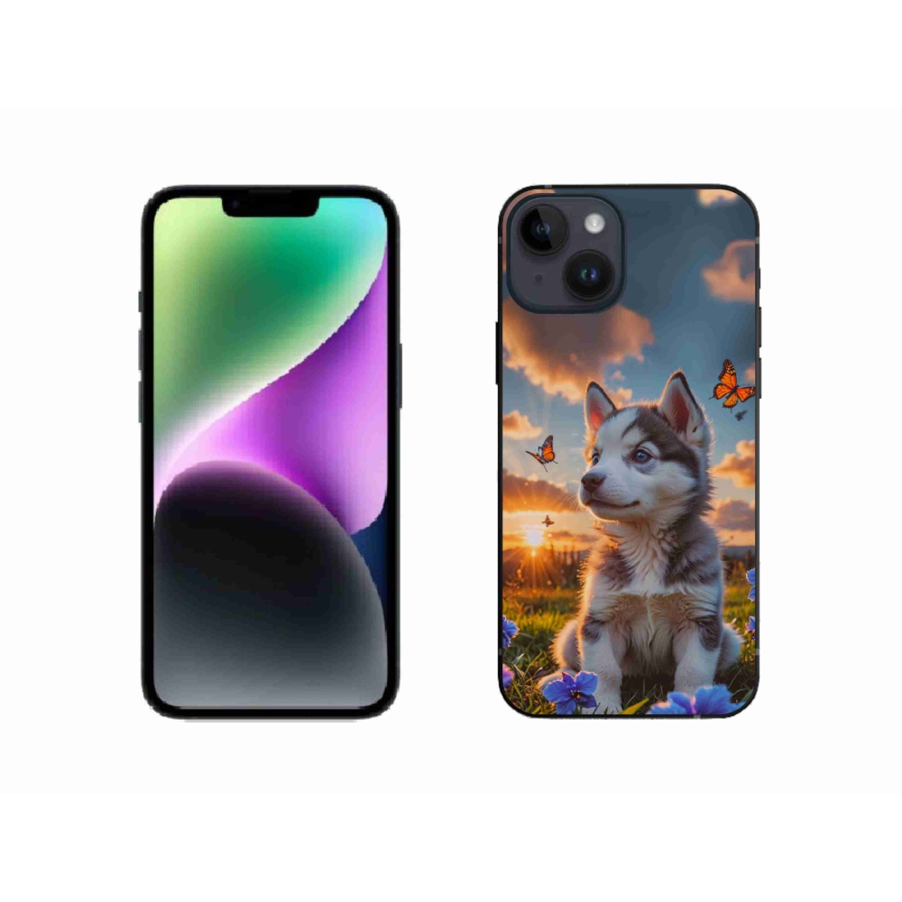 Gélový kryt mmCase na iPhone 14 - husky pri západe slnka