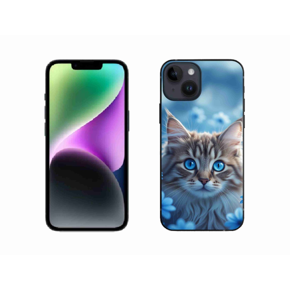 Gélový kryt mmCase na iPhone 14 - mačiatko v modrých kvetoch