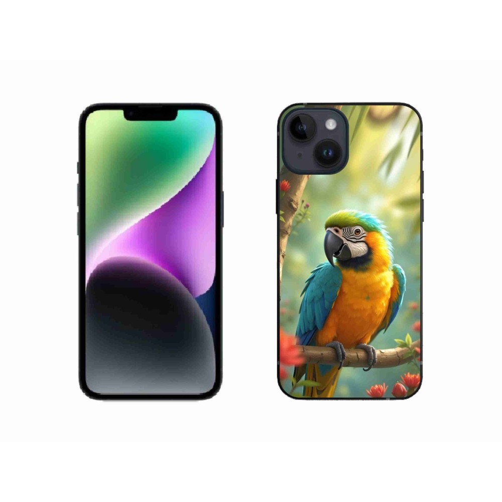 Gélový kryt mmCase na iPhone 14 - papagáj ara modrožltá