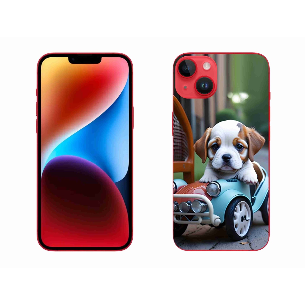 Gélový kryt mmCase na iPhone 14 Plus - šteňa v retro aute