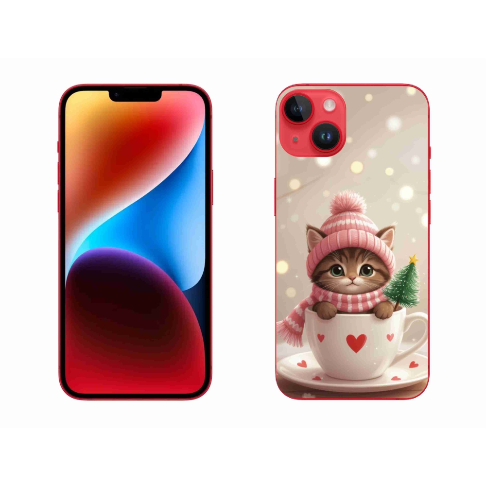 Gélový kryt mmCase na iPhone 14 Plus - vianočné mačiatko v hrnčeku