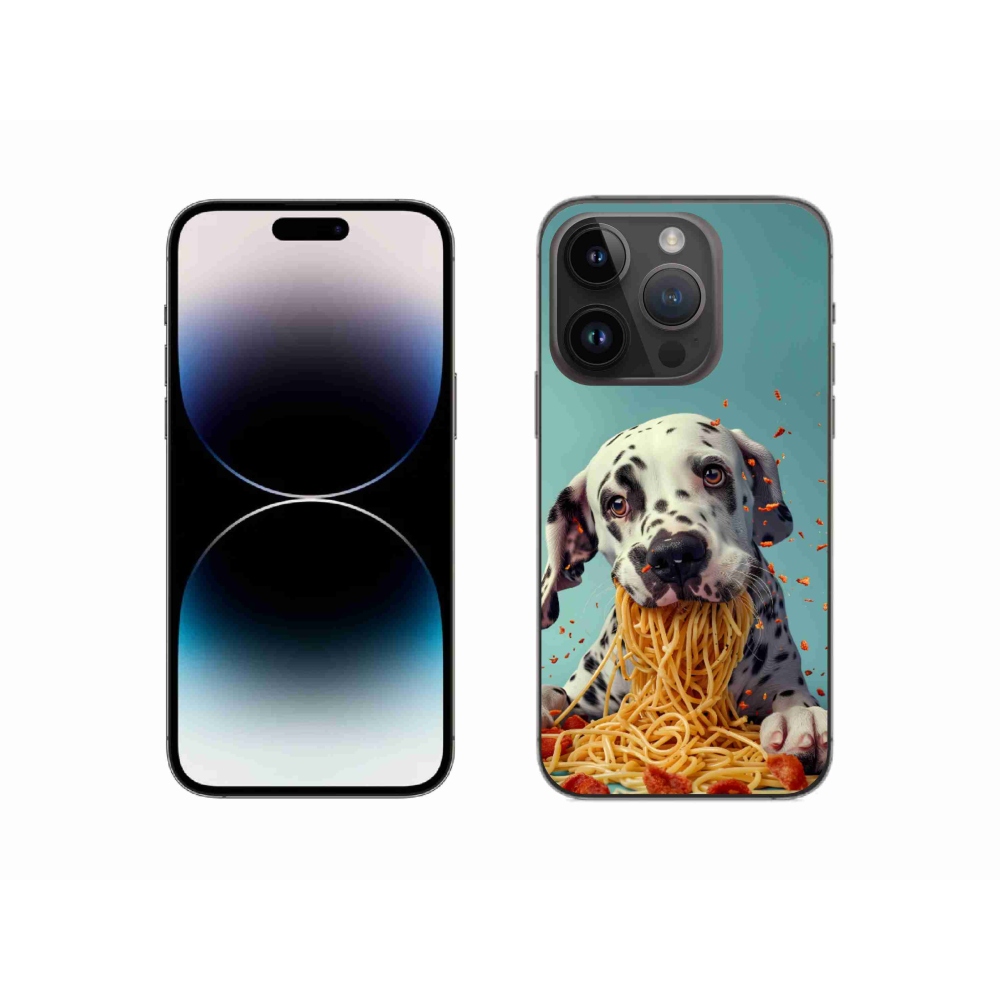 Gélový kryt mmCase na iPhone 14 Pro - dalmatín a špagety