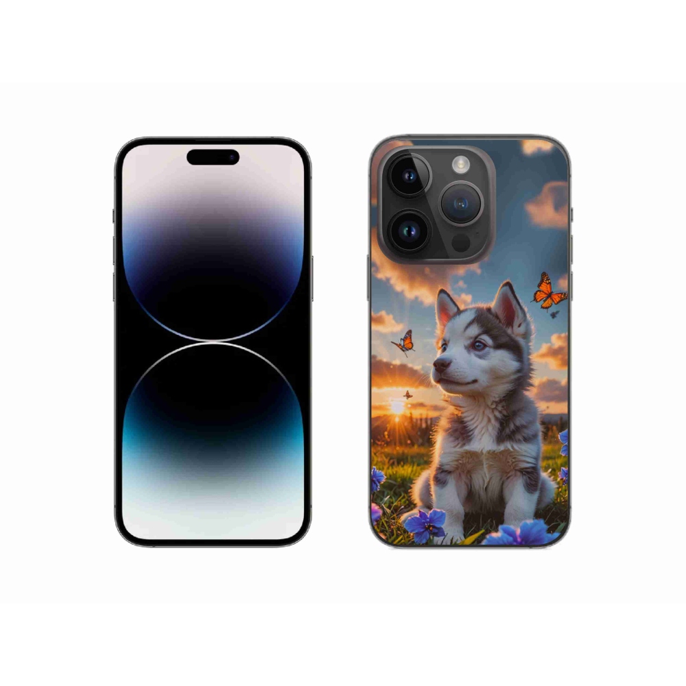 Gélový kryt mmCase na iPhone 14 Pro - husky pri západe slnka