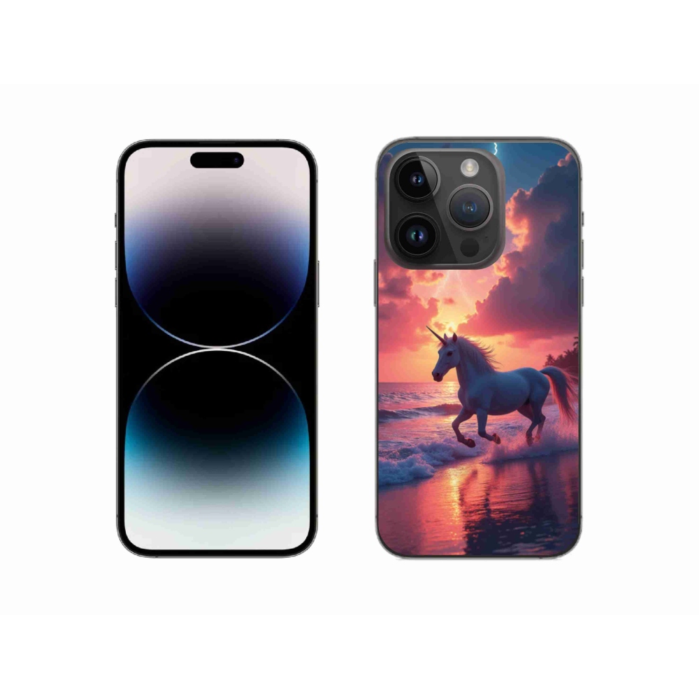 Gélový kryt mmCase na iPhone 14 Pro - jednorožec na pláži