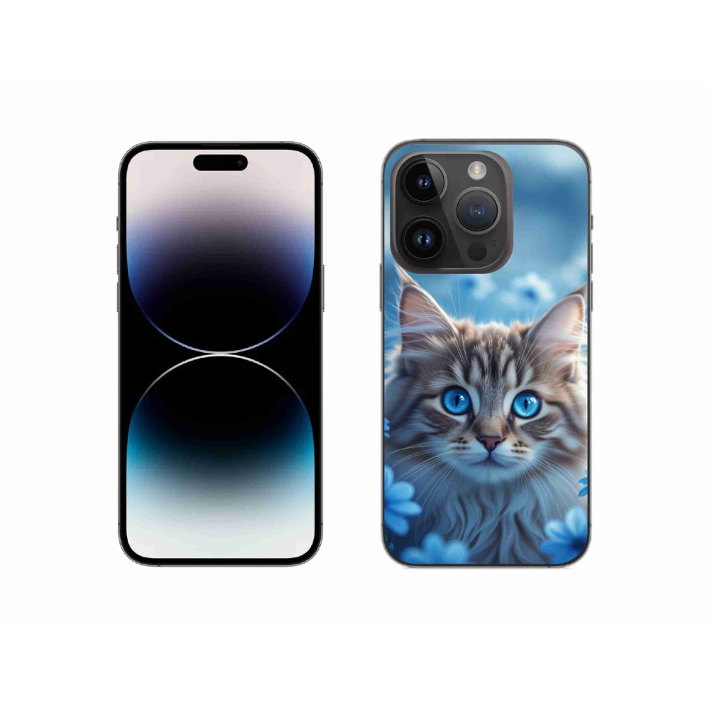 Gélový kryt mmCase na iPhone 14 Pro - mačiatko v modrých kvetoch