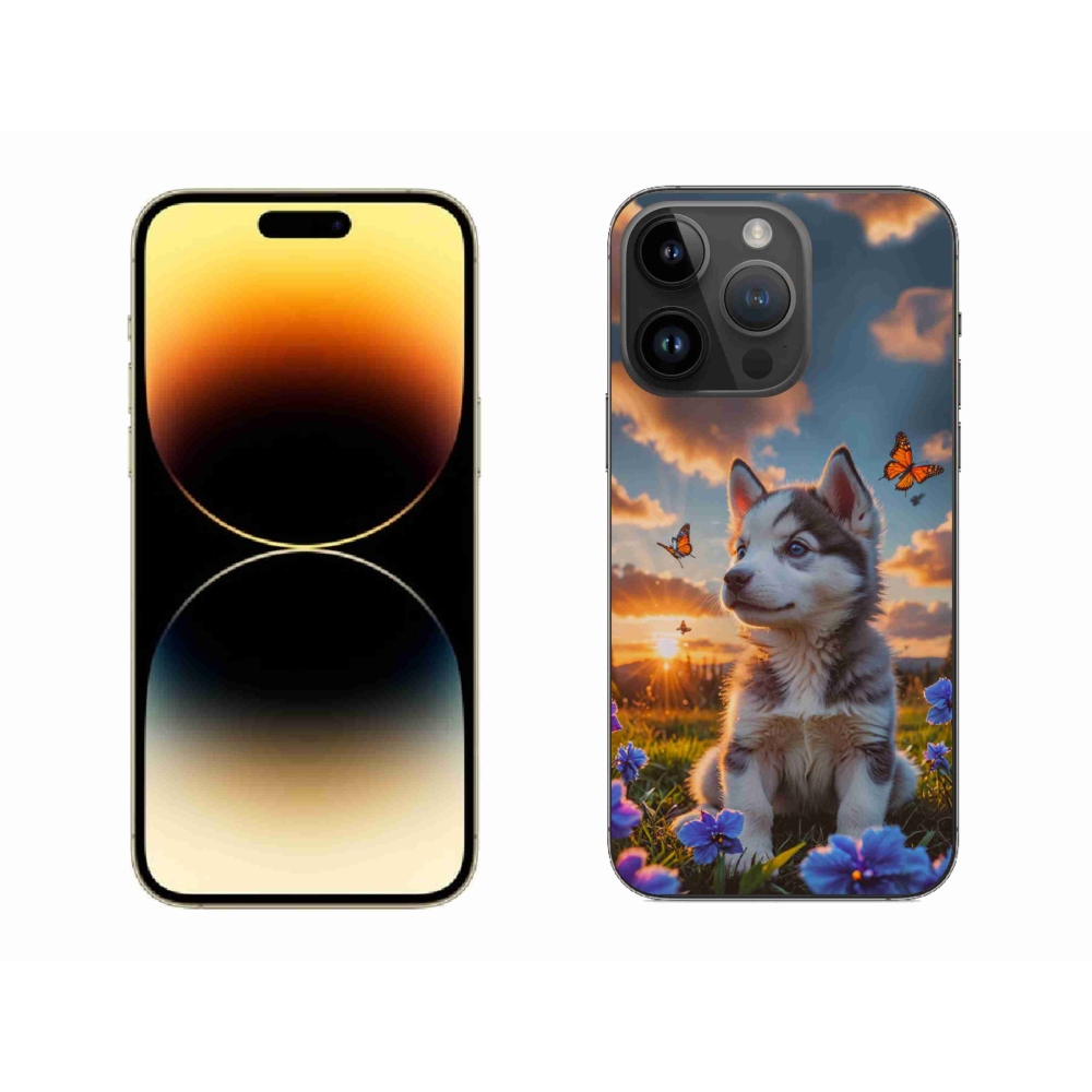 Gélový kryt mmCase na iPhone 14 Pro Max - husky pri západe slnka