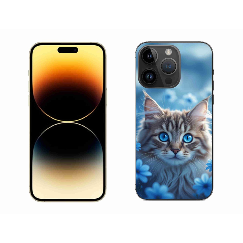 Gélový kryt mmCase na iPhone 14 Pro Max - mačiatko v modrých kvetoch