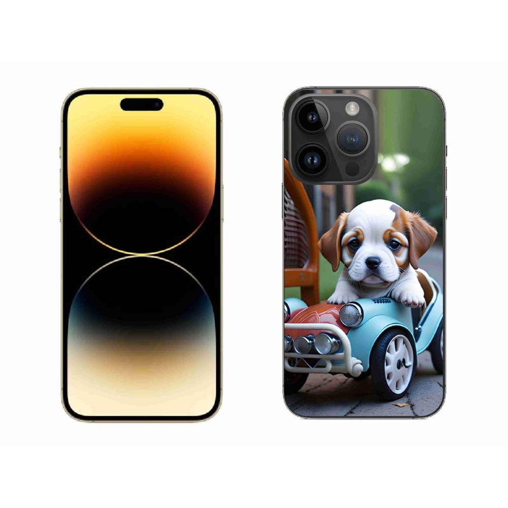 Gélový kryt mmCase na iPhone 14 Pro Max - šteňa v retro aute