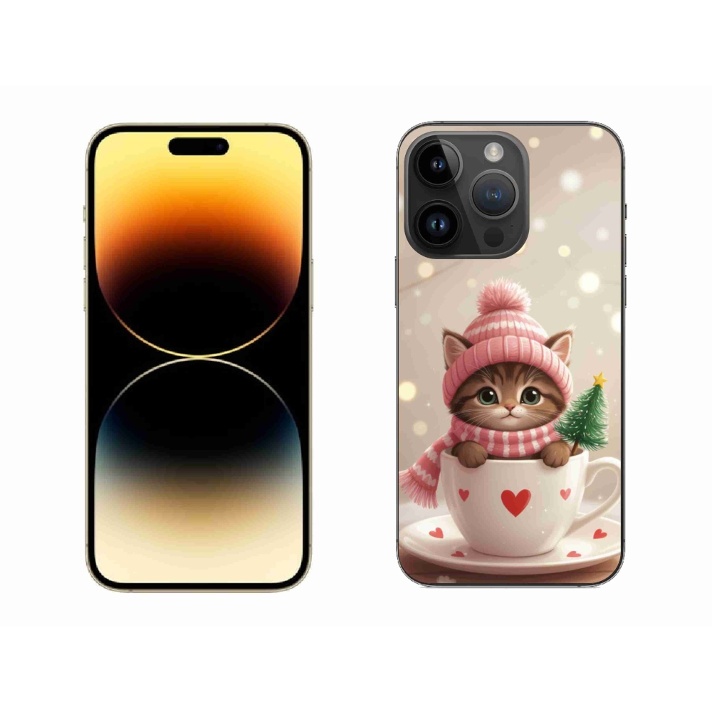 Gélový kryt mmCase na iPhone 14 Pro Max - vianočné mačiatko v hrnčeku