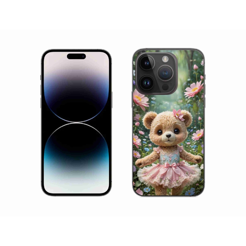 Gélový kryt mmCase na iPhone 14 Pro - roztomilý medvedík v kvetoch