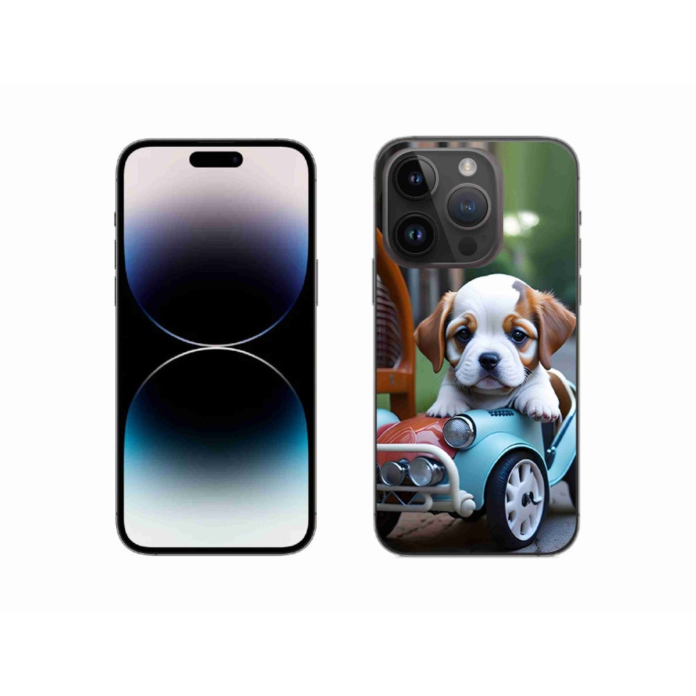 Gélový kryt mmCase na iPhone 14 Pro - šteňa v retro aute