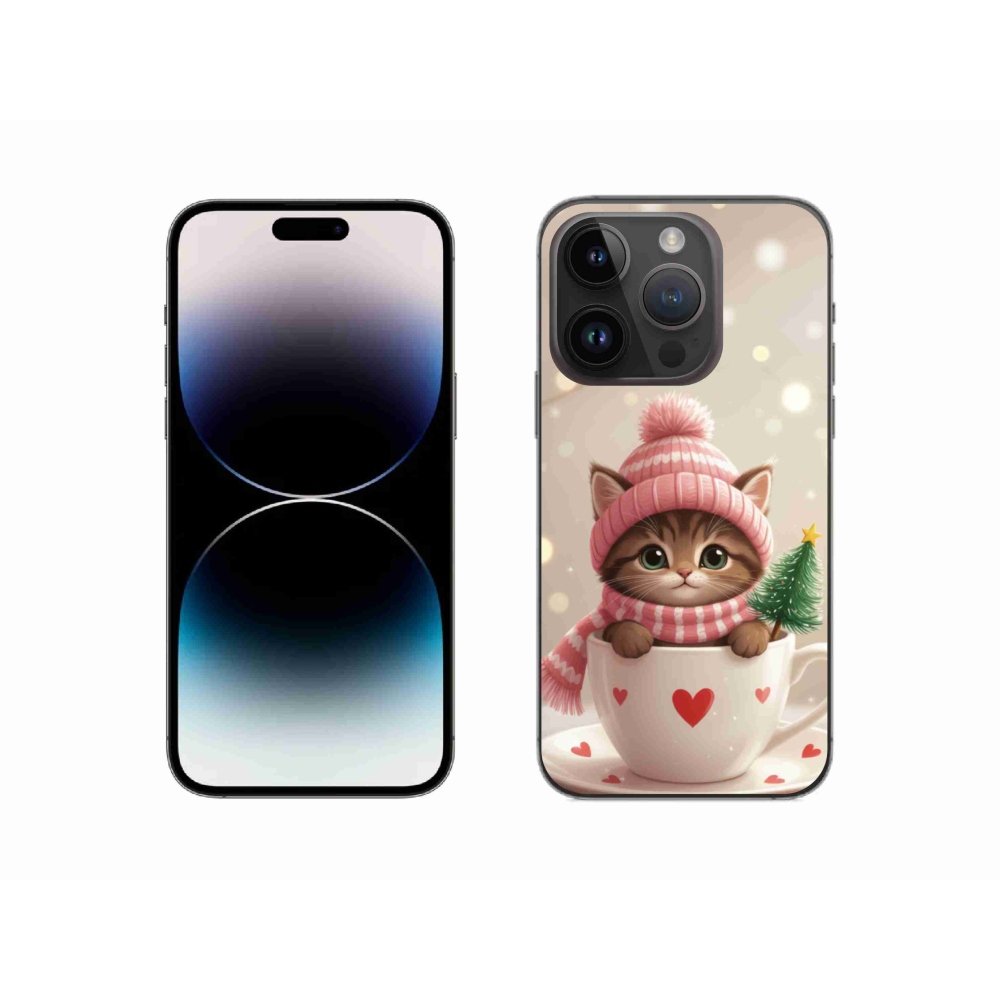 Gélový kryt mmCase na iPhone 14 Pro - vianočné mačiatko v hrnčeku