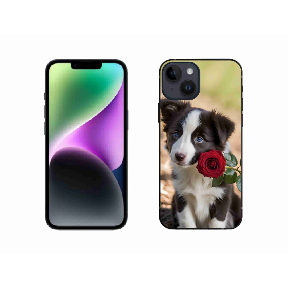 Gélový kryt mmCase na iPhone 14 - roztomilá border kólia s ružou