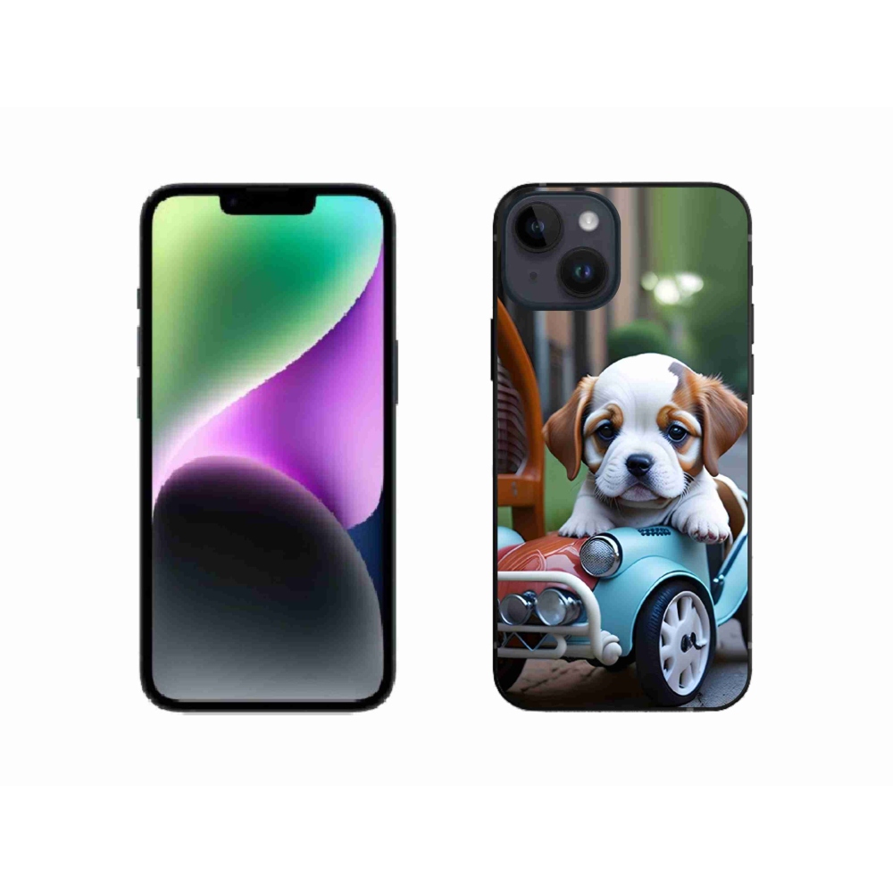 Gélový kryt mmCase na iPhone 14 - šteňa v retro aute