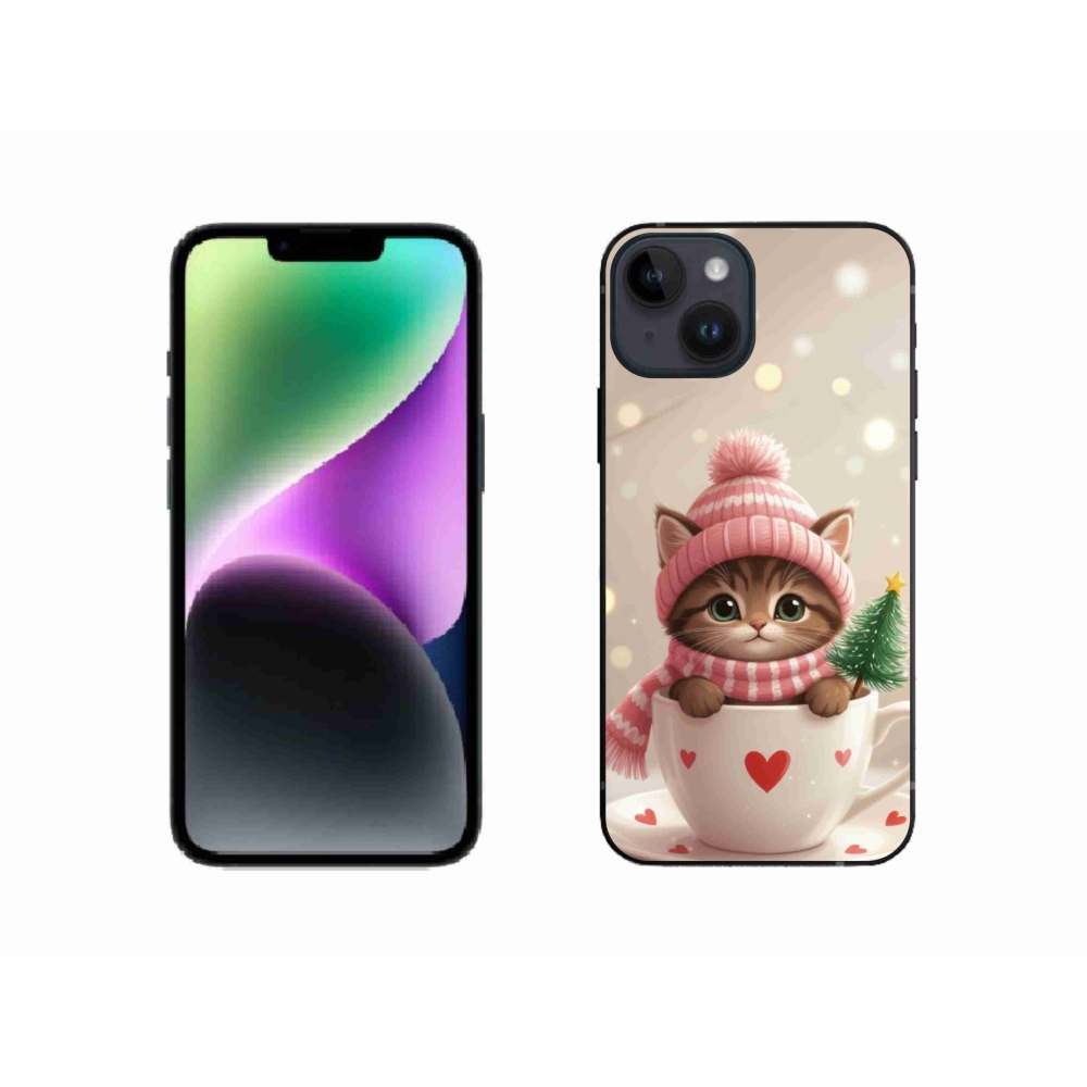 Gélový kryt mmCase na iPhone 14 - vianočné mačiatko v hrnčeku