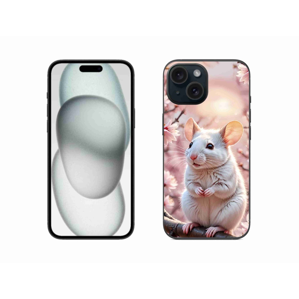Gélový kryt mmCase na iPhone 15 - biela myš na vetve