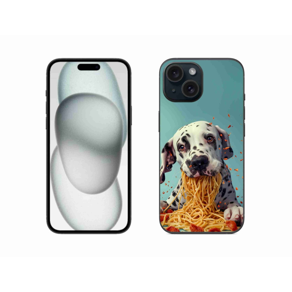 Gélový kryt mmCase na iPhone 15 - dalmatín a špagety