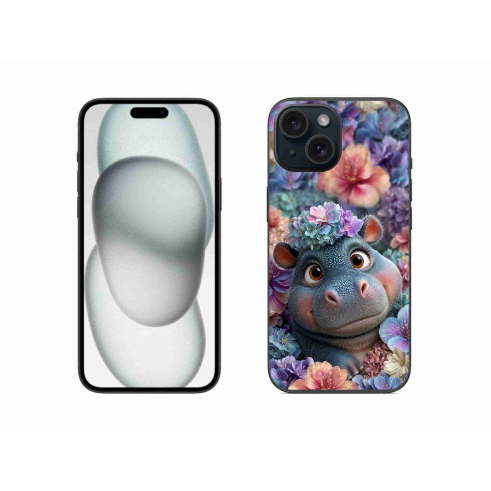 Gélový kryt mmCase na iPhone 15 - hrošík v kvetoch