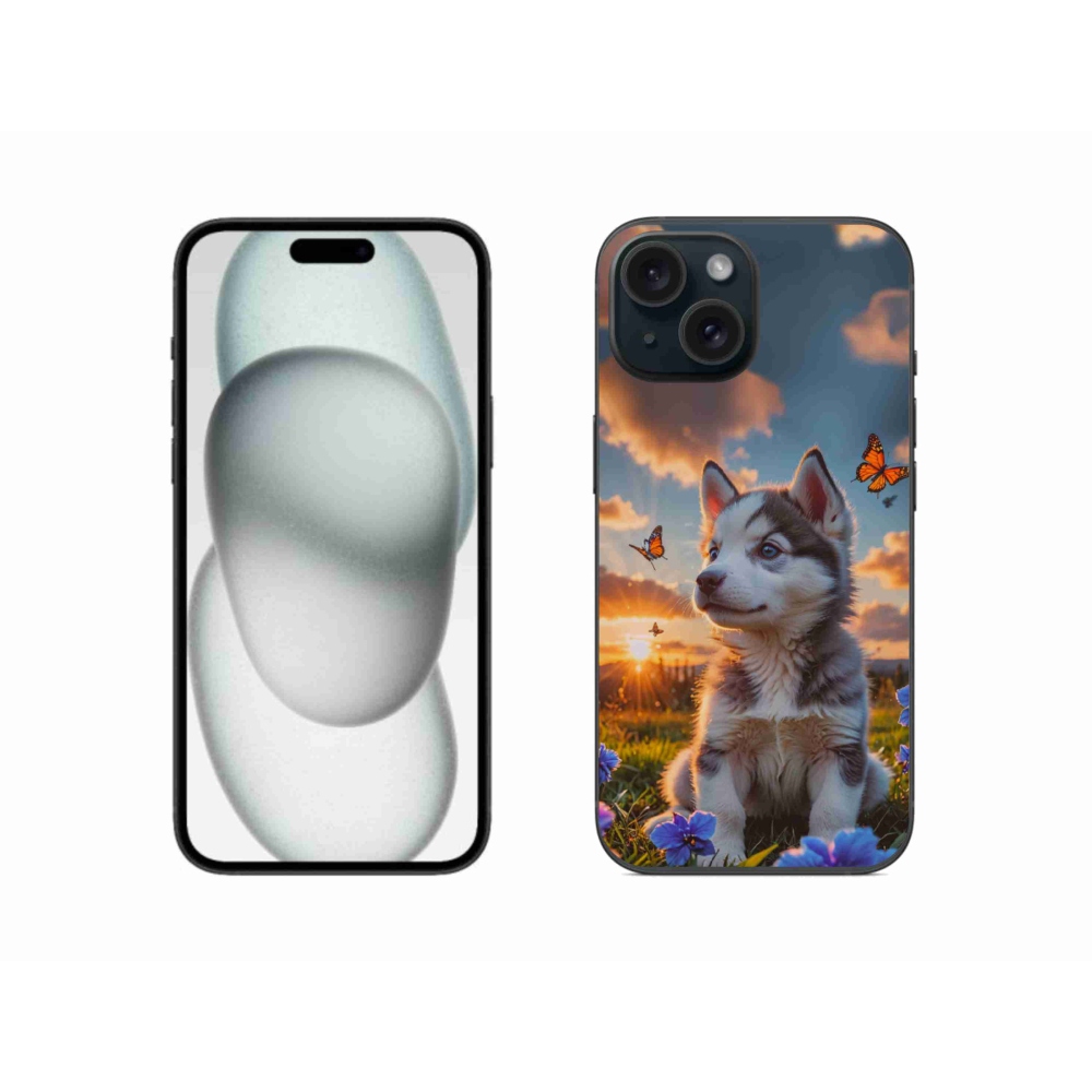 Gélový kryt mmCase na iPhone 15 - husky pri západe slnka