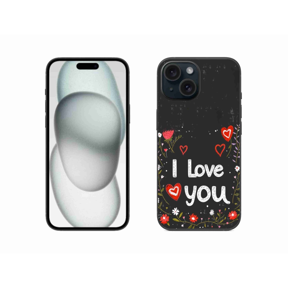 Gélový kryt mmCase na iPhone 15 - I love you čierne pozadie