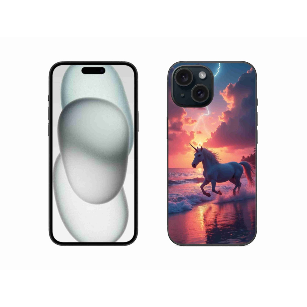 Gélový kryt mmCase na iPhone 15 - jednorožec na pláži