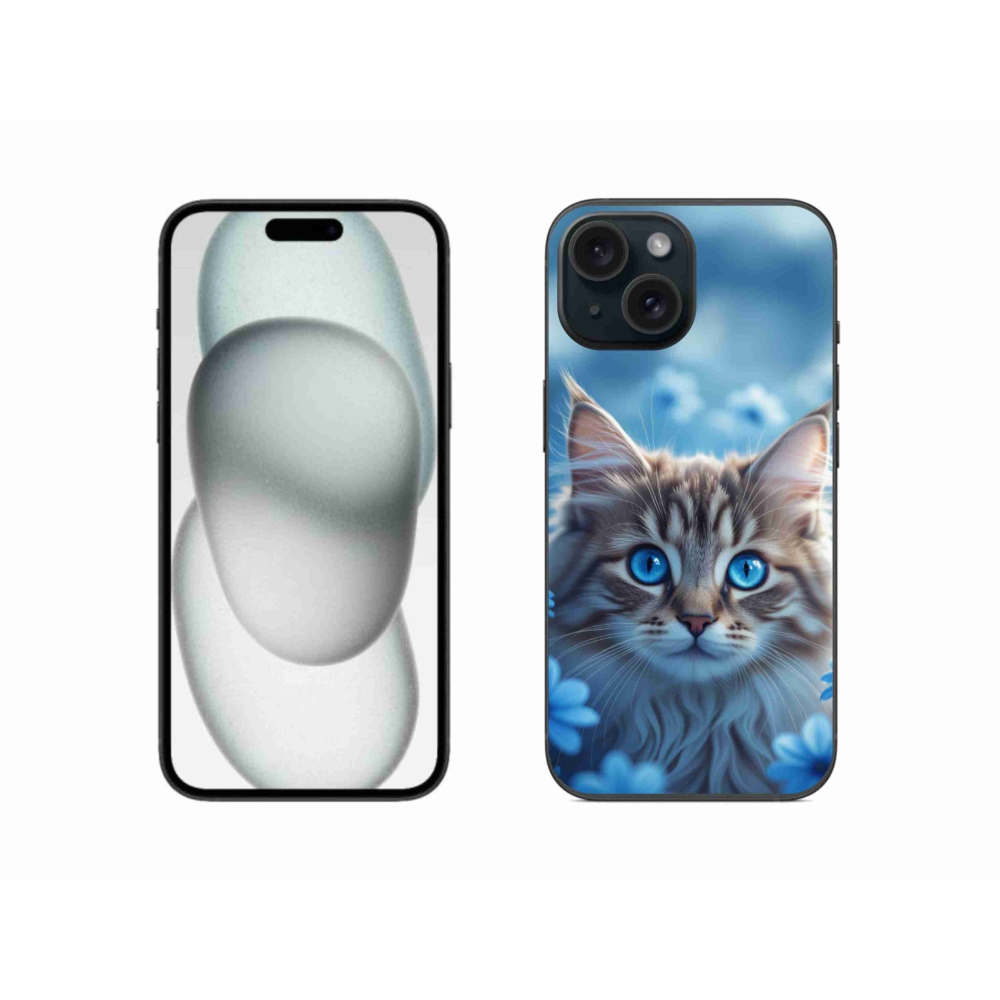 Gélový kryt mmCase na iPhone 15 - mačiatko v modrých kvetoch
