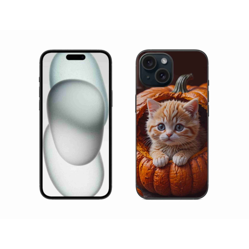 Gélový kryt mmCase na iPhone 15 - mačiatko a tekvica 2