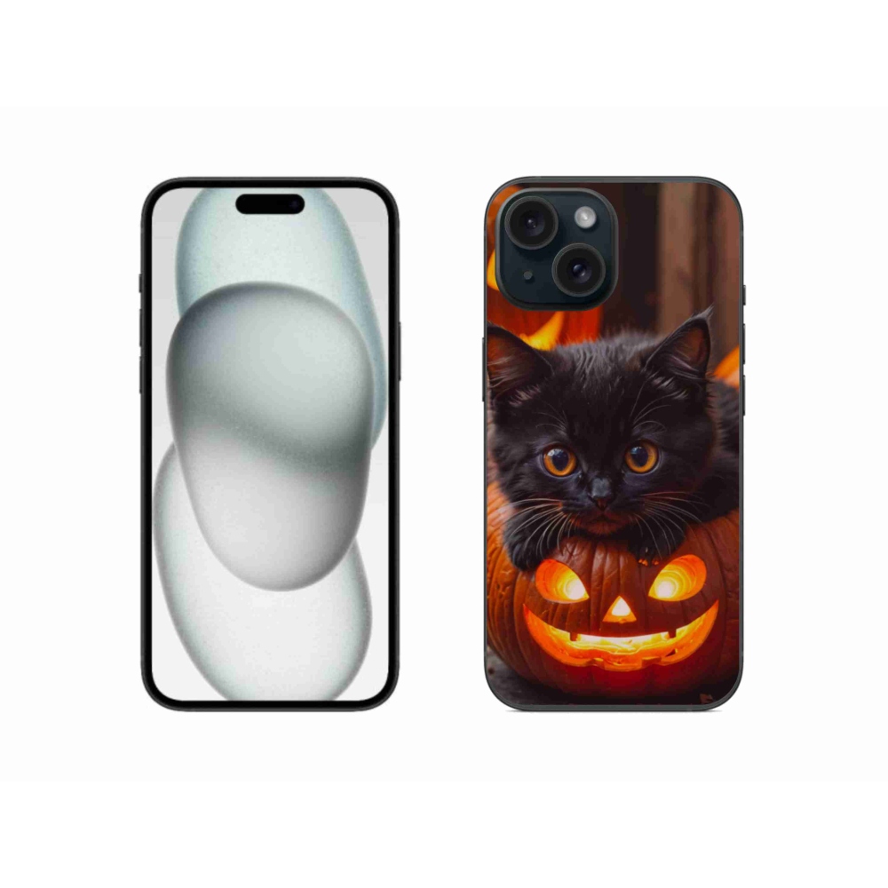 Gélový kryt mmCase na iPhone 15 - mačiatko a tekvica