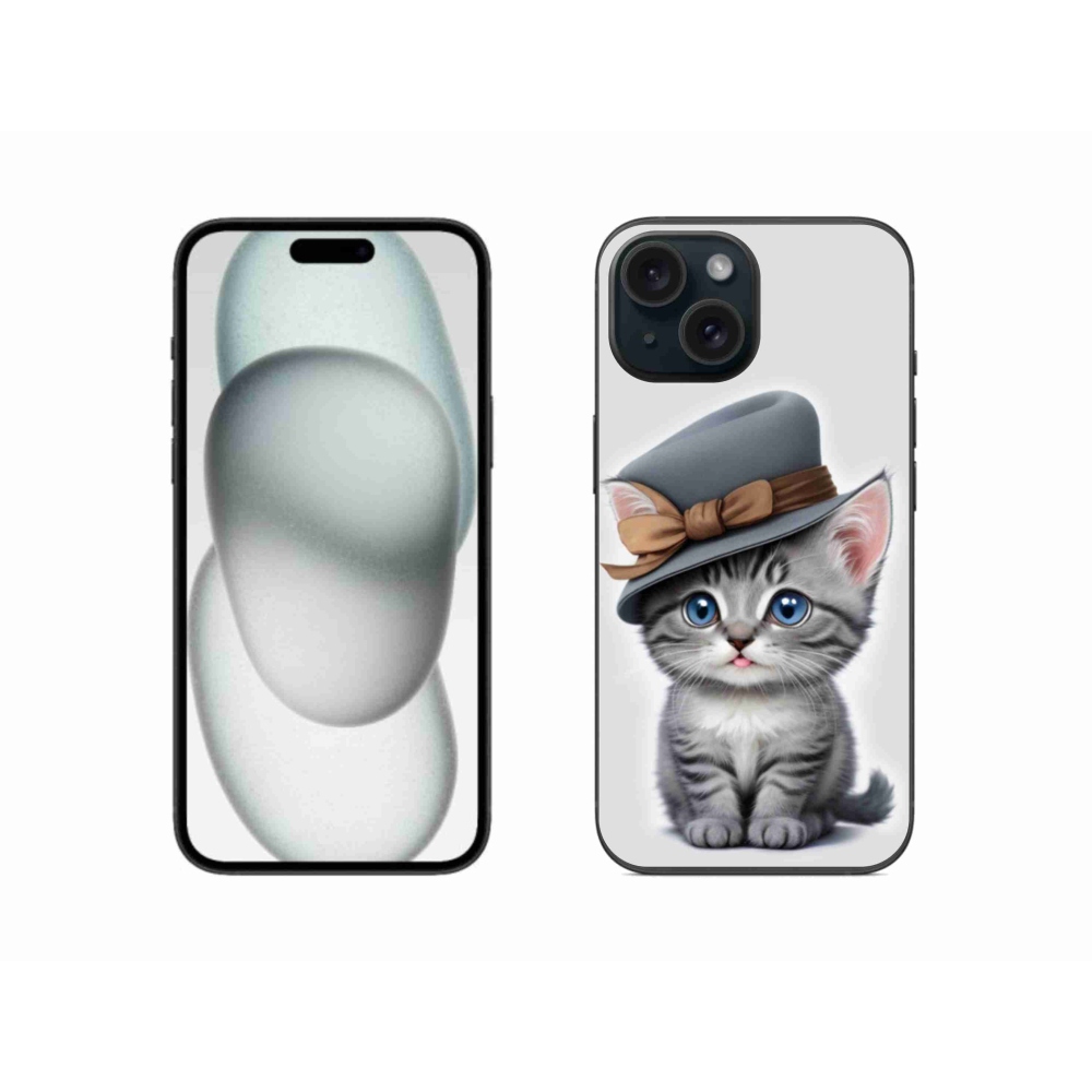 Gélový kryt mmCase na iPhone 15 - mačiatko s klobúkom