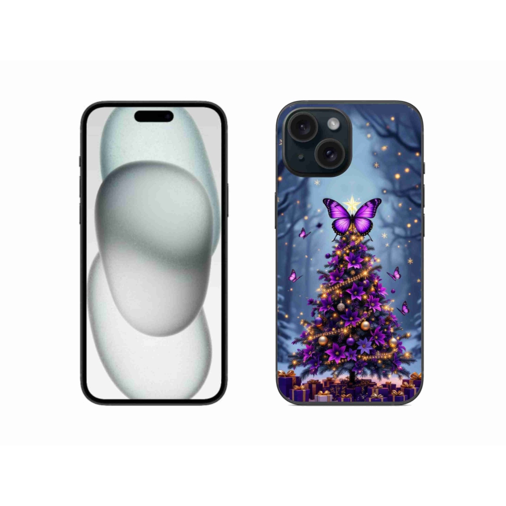 Gélový kryt mmCase na iPhone 15 - motýlí vianočný stromček