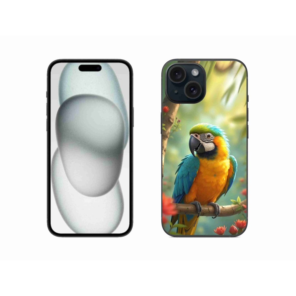 Gélový kryt mmCase na iPhone 15 - papagáj ara modrožltá