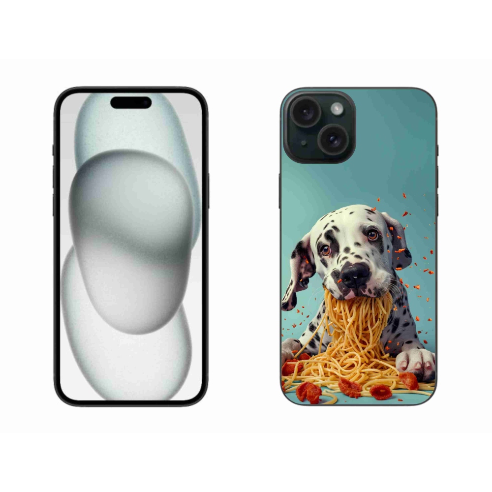 Gélový kryt mmCase na iPhone 15 Plus - dalmatín a špagety