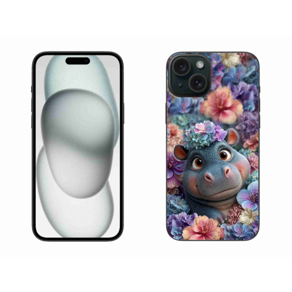 Gélový kryt mmCase na iPhone 15 Plus - hrošík v kvetoch