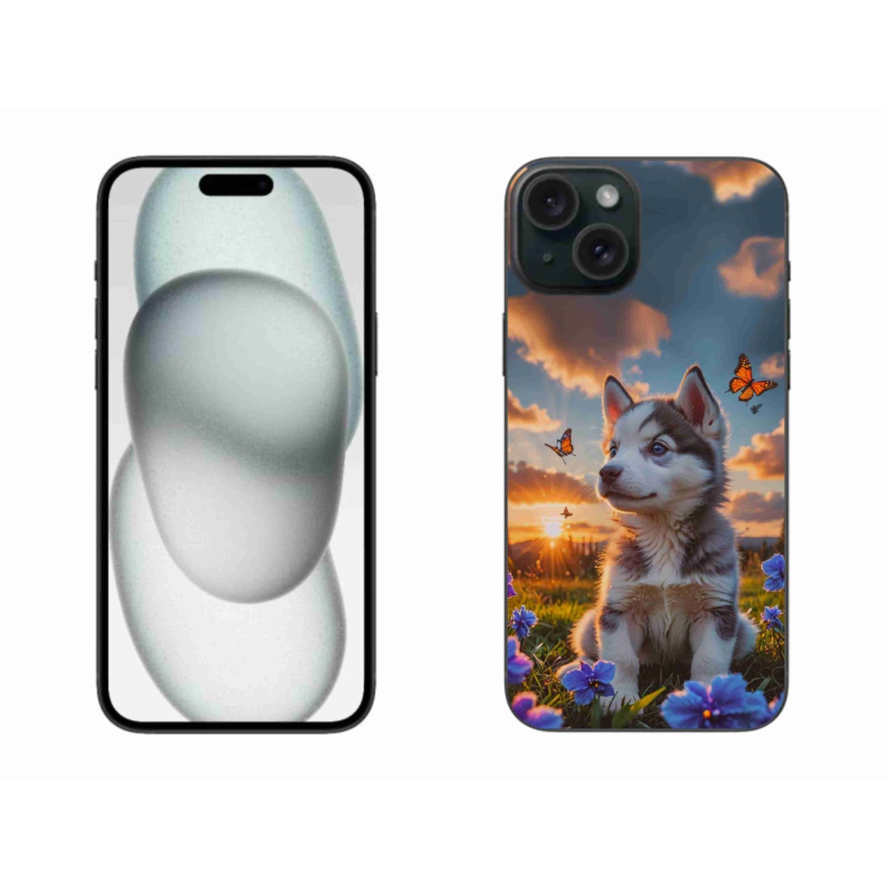 Gélový kryt mmCase na iPhone 15 Plus - husky pri západe slnka