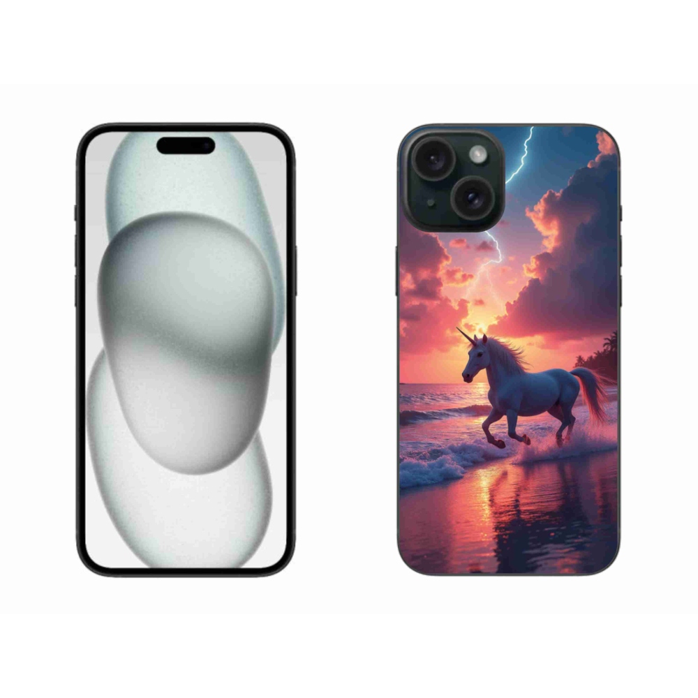 Gélový kryt mmCase na iPhone 15 Plus - jednorožec na pláži