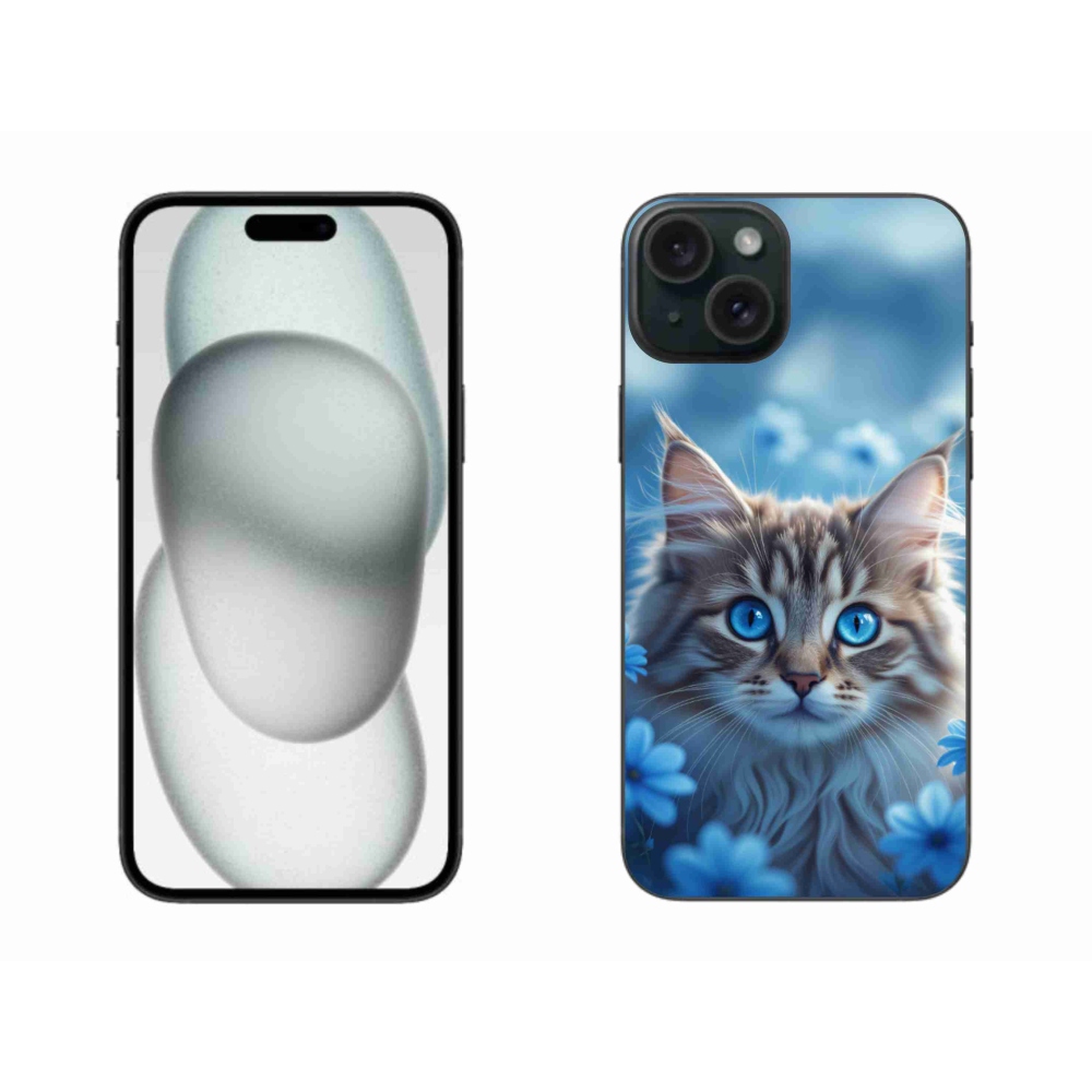 Gélový kryt mmCase na iPhone 15 Plus - mačiatko v modrých kvetoch