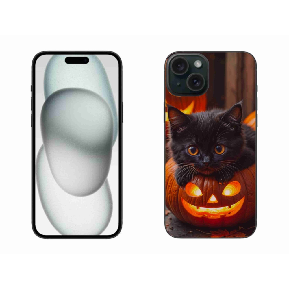 Gélový kryt mmCase na iPhone 15 Plus - mačiatko a tekvica