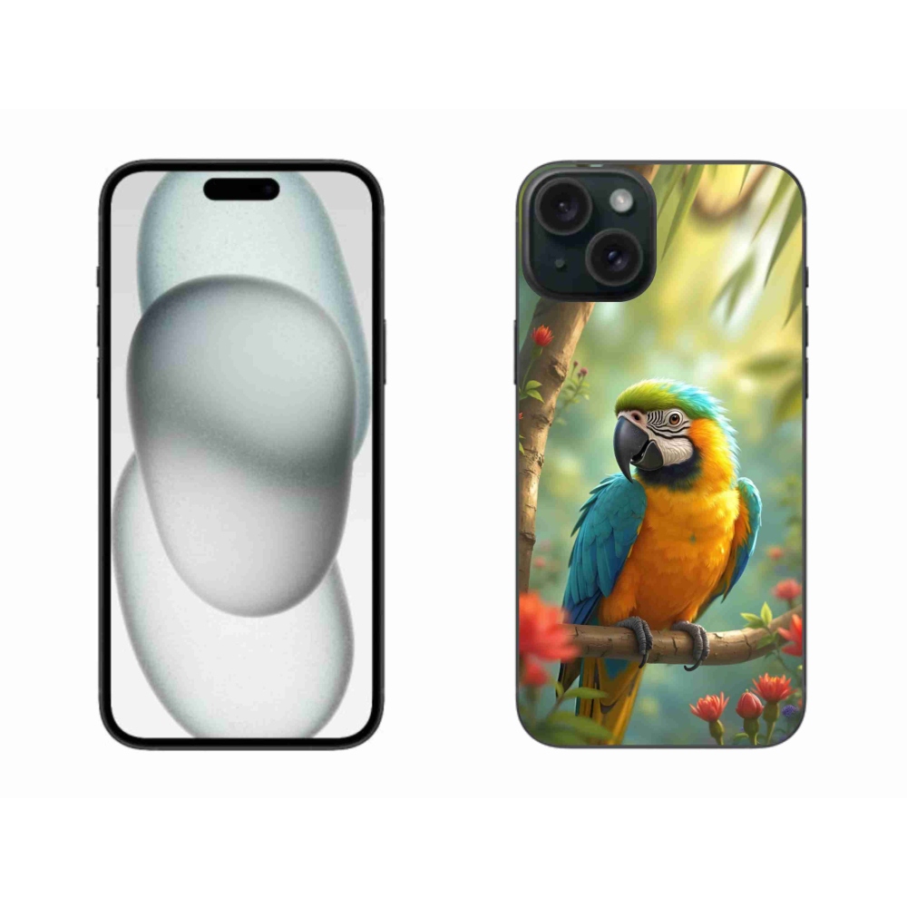 Gélový kryt mmCase na iPhone 15 Plus - papagáj ara modrožltá