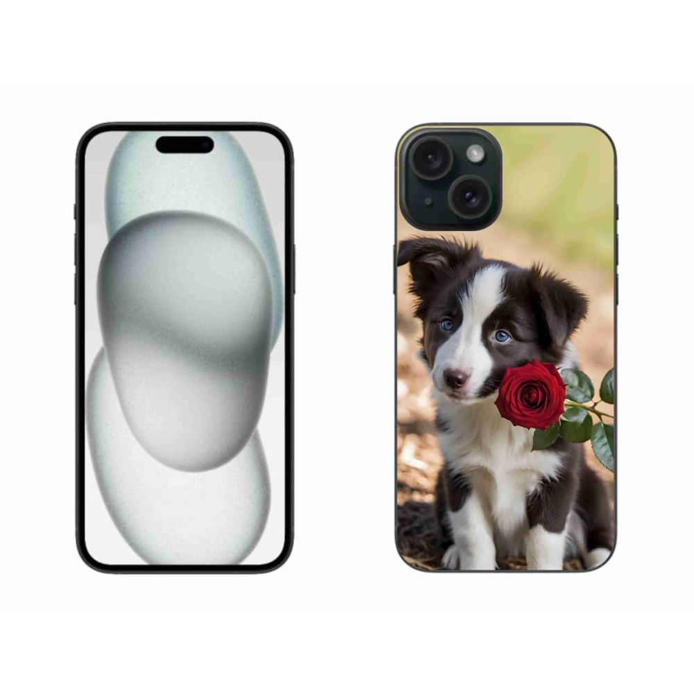 Gélový kryt mmCase na iPhone 15 Plus - roztomilá border kólia s ružou